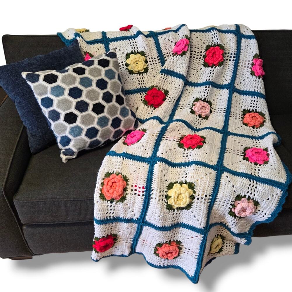 Handmade Crochet Floral Afghan Grannycore Cottagecore Flower Throw Blanket White